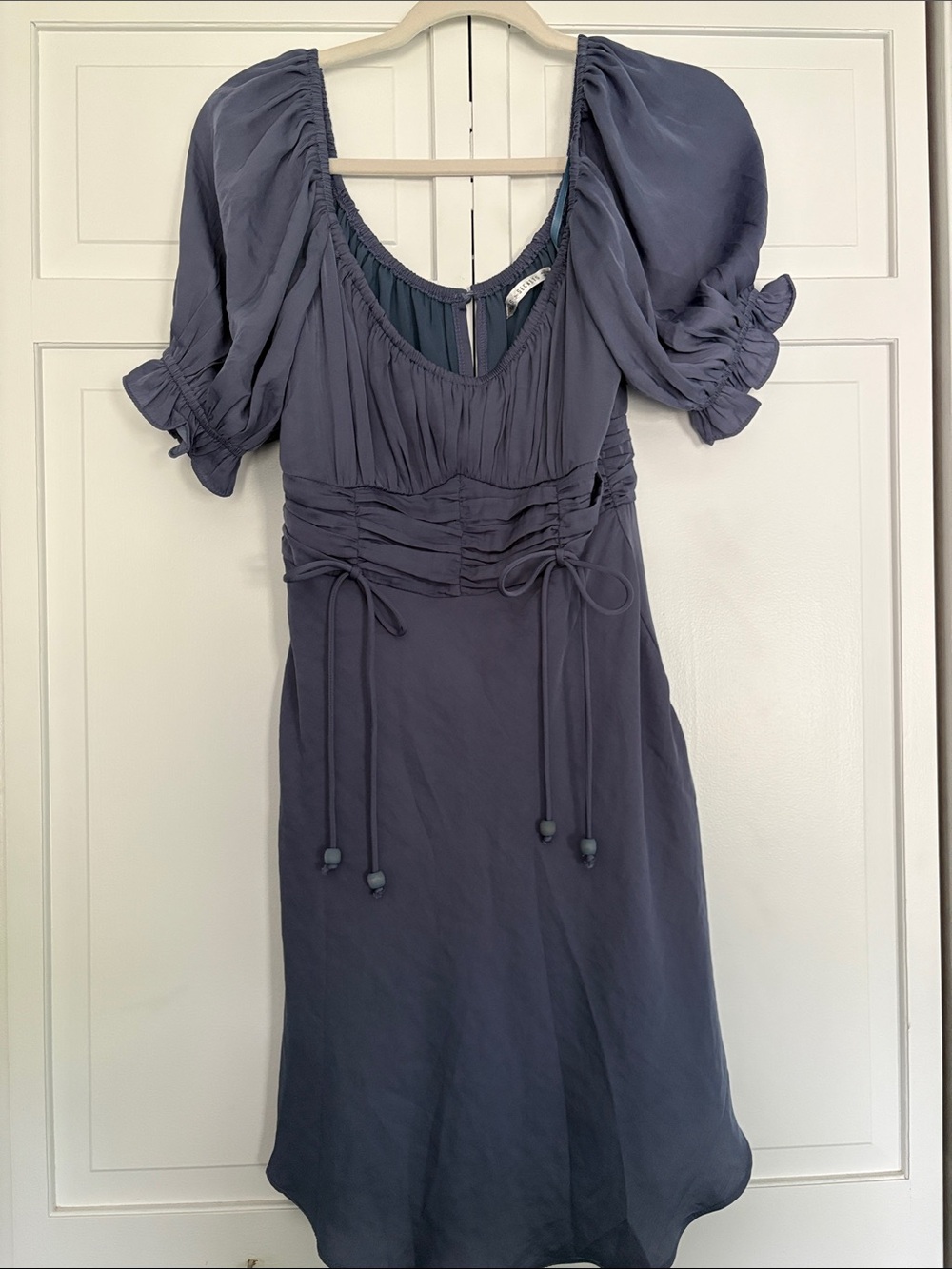 Women's Slate Blue Midi Dress with Puff Sleeves